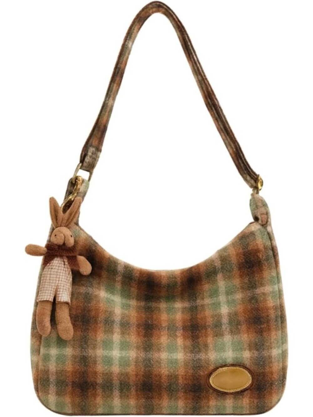 Stylish Plaid Handbag Set for Women - Wool Hobo, Clutch & Pendant - Green Tartan